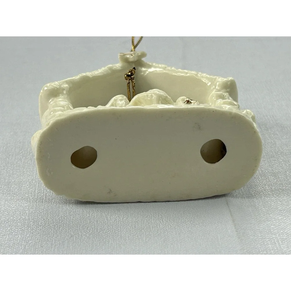 Ceramic Nativity Ornament Holy Family Manger Ivory Gold Christmas 4.5